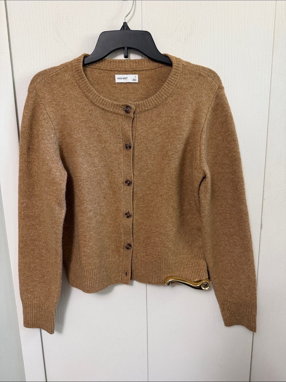 Nine West Tan Button-Up Crewneck Cardigan